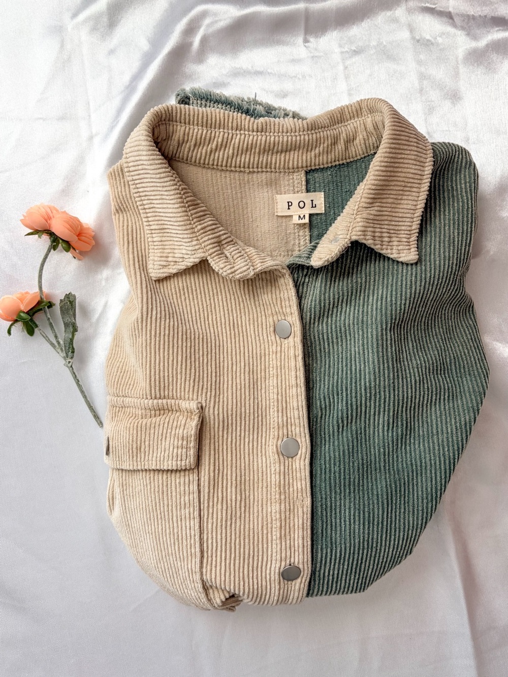 POL Sage Green Colorblock Corduroy Cropped Shacket Raw Hem M Boho Jacket - Picture 8 of 11